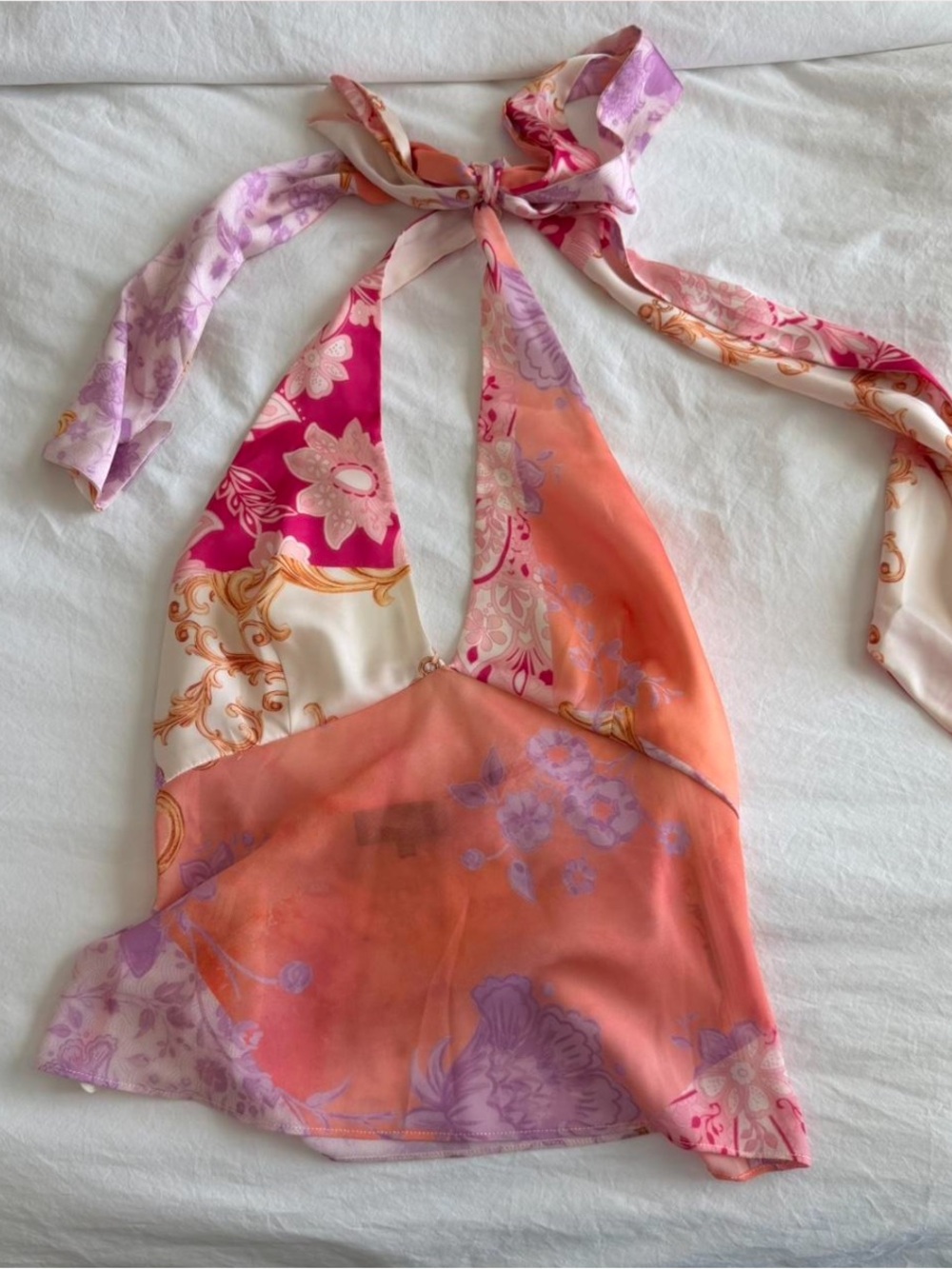 MAJORELLE Floral Patchwork Halter Top in Pink, Coral & Lavender